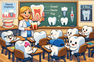 Cartoon illustration of a blonde female dentist teaching a college‑level dental class at Dr. Pamela Edwards Dentistry in Gulf Shores, Alabama. The smiling dentist stands before a chalkboard labeled “Enamel,” “Dentin,” and “Pulp,” while tooth‑shaped students sit at desks taking notes. The classroom scene highlights dental education, restorative dentistry, and oral health awareness in a fun, engaging way.
