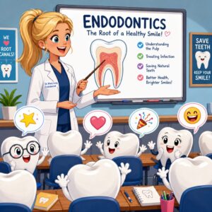 Cartoon illustration of Dr. Mary Long, a blonde female dentist teaching endodontics to a classroom of smiling tooth‑shaped characters. The teeth have colorful reaction bubbles showing excitement and happiness while learning about root canal care